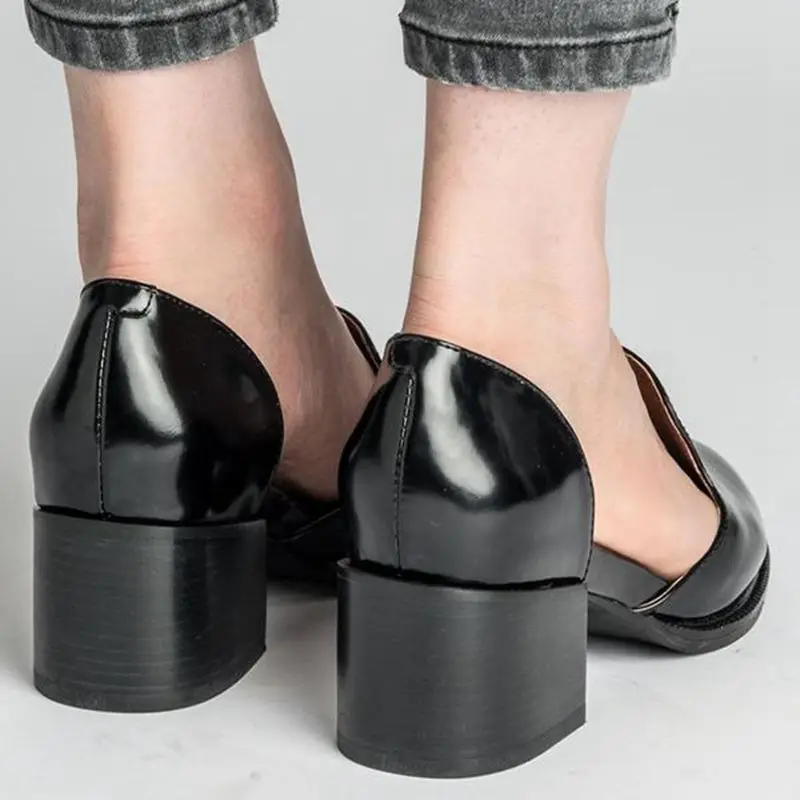 

2019 New Spring Women Shoes Loafers Patent Leather Elegant Middle Heels Slip On Footwear Female Pointed Toe Thick Heel