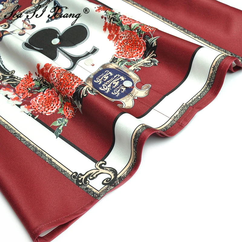 

Seasixiang Fashion Designer Spring Set Women's Long sleeve Turn-down Collar Blouse + Beaded skirt Print Two-piece Sets