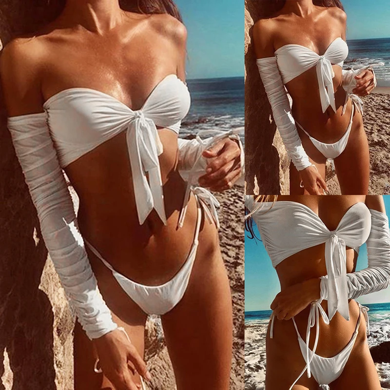 Женский купальник с длинным рукавом и открытыми плечами однотонный бикини