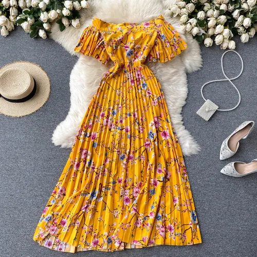 

Summer Sexy Slash Neck Pleated Dress Women Vacation Beach Floral Printed Draped Vestidos Female Sweet Robe 2021 New
