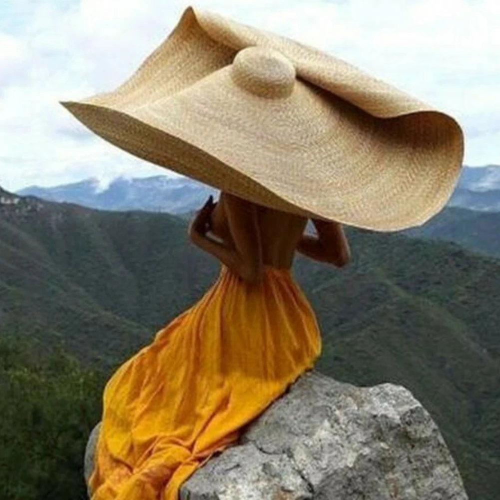 

80cm Straw Women Sun Hat Decoration Wide Brim Foldable Solid Beach Summer Fashion UV Protection Outdoor Large Simple Travel