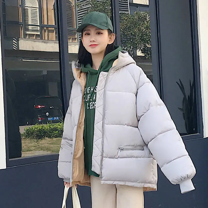 Корейский стиль теплая зимняя куртка для женщин с капюшоном однотонный черный