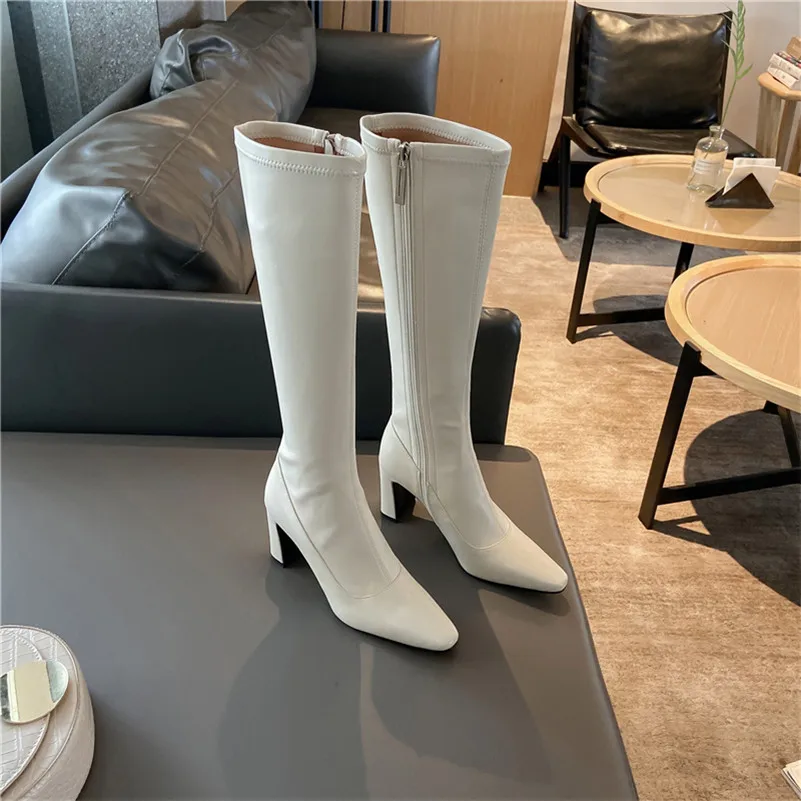 

Meotina Genuine Leather High Heel Stretch Boots Women Knee High Boots Shoes Pointed Toe Block Heels Zip Long Boots Beige 33-43