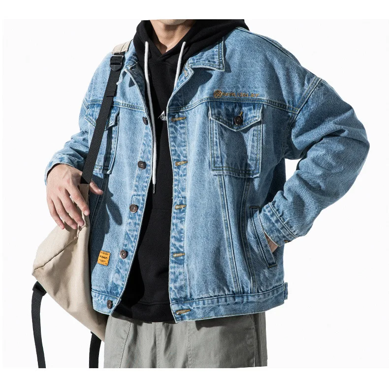 

Hong Kong style student denim jacket male Korean style trend autumn and winter 2021 new loose denim tooling teenager coat