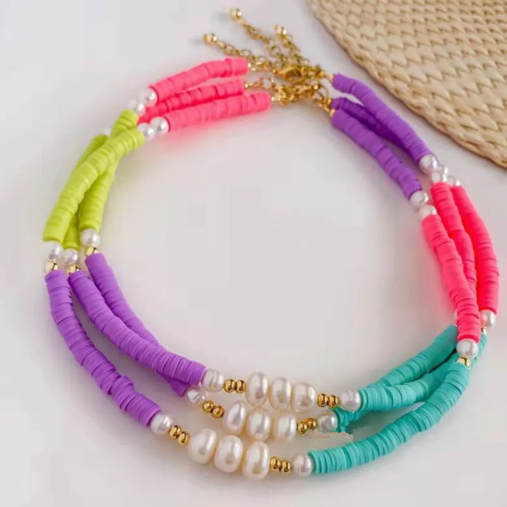 

KKBEAD Bohemian Freshwater Pearls Necklace Colorful Heishi Chokers Polymer Clay Beaded Necklaces For Women Jewelry Trendy Collar