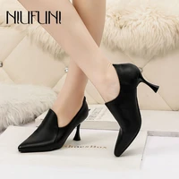 niufuni autumn sexy deep mouth high heels profession womens shoes black leather pumps slip on ladies work shoes stiletto simple
