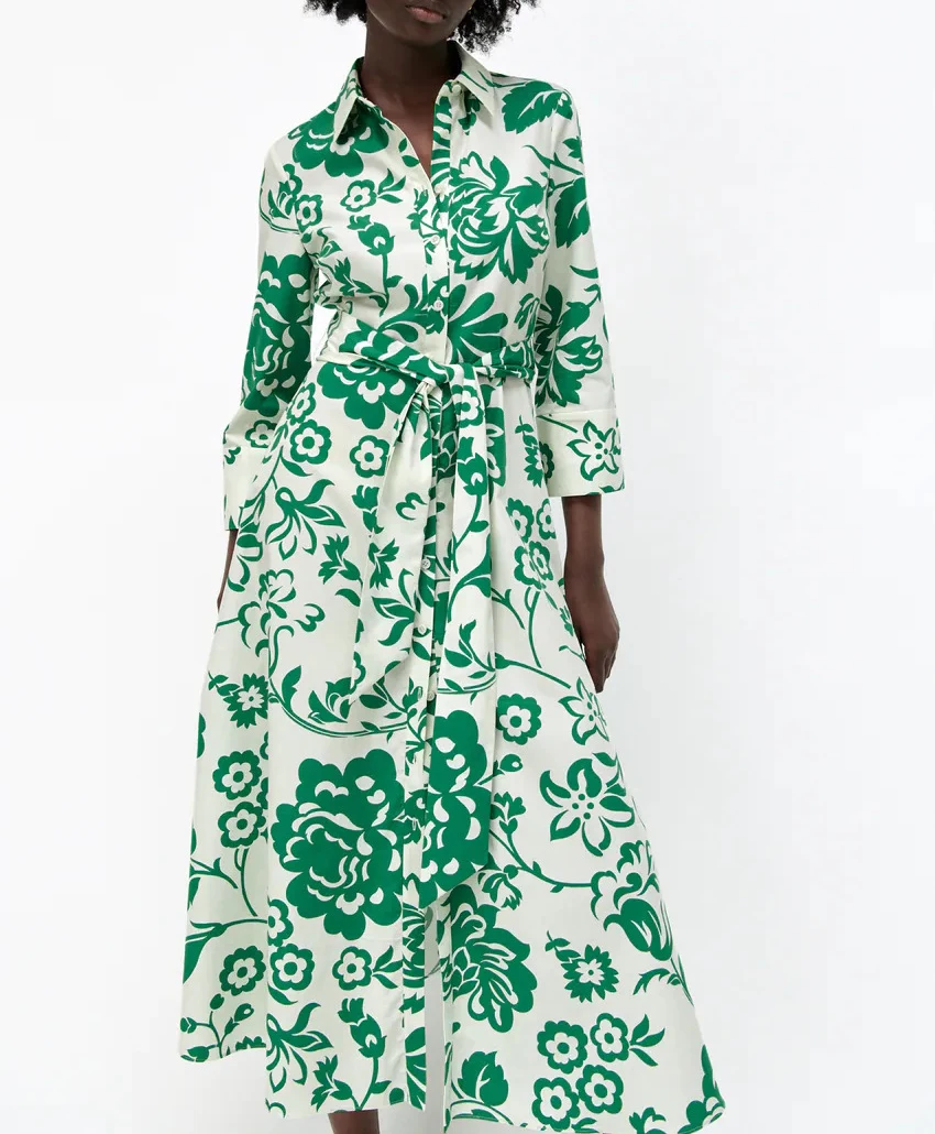 Платье-рубашка женское летнее с зелеными цветами кружевным поясом 2021 2020 Y2K HJH5403 |