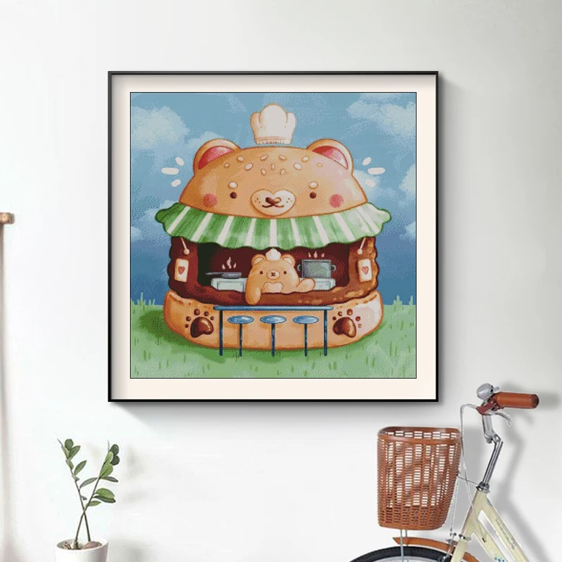 

Needlework,DIY Printed Cute Bear's burger joint Cross stitch Sets For Full embroidery Cross-Stitch kit home wall decoration