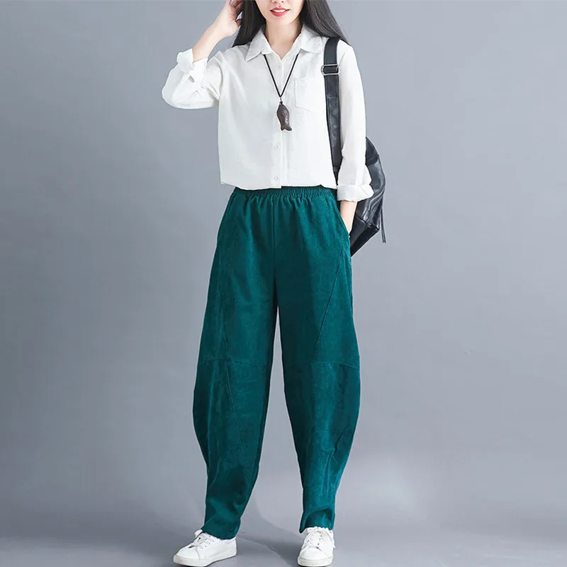 

Johnature 2021 Autumn New Women Large Size Corduroy Harem Pants Casual Solid Color Loose Pockets Full Length Pants