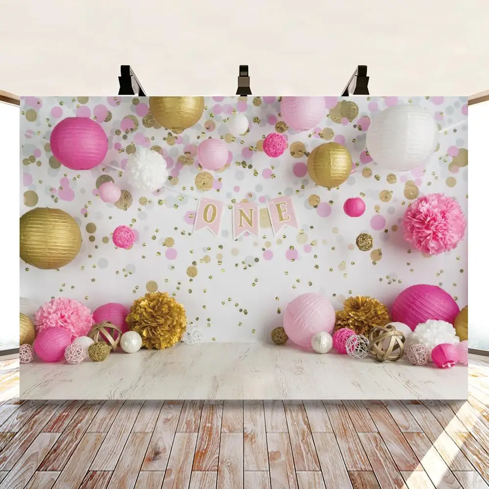 

Студийный фон для фотосъемки с изображением разбитого торта на первый год рождения и воздушных шаров