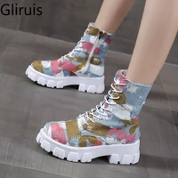 new denim women boots ladies chunky heel platform round toe shoes denim ankle women boots jeans casual lace up sports boots