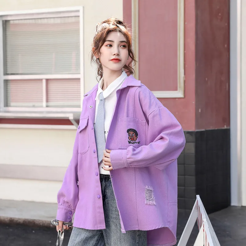 Обувь в Корейском стиле Сезон осень рваная джинсовая куртка для женщин свободные