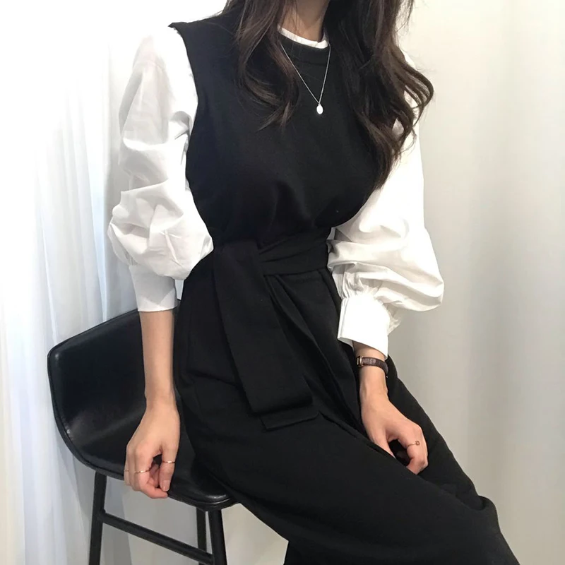 Женское длинное платье-рубашка с рукавами-фонариками и поясом | Женская одежда