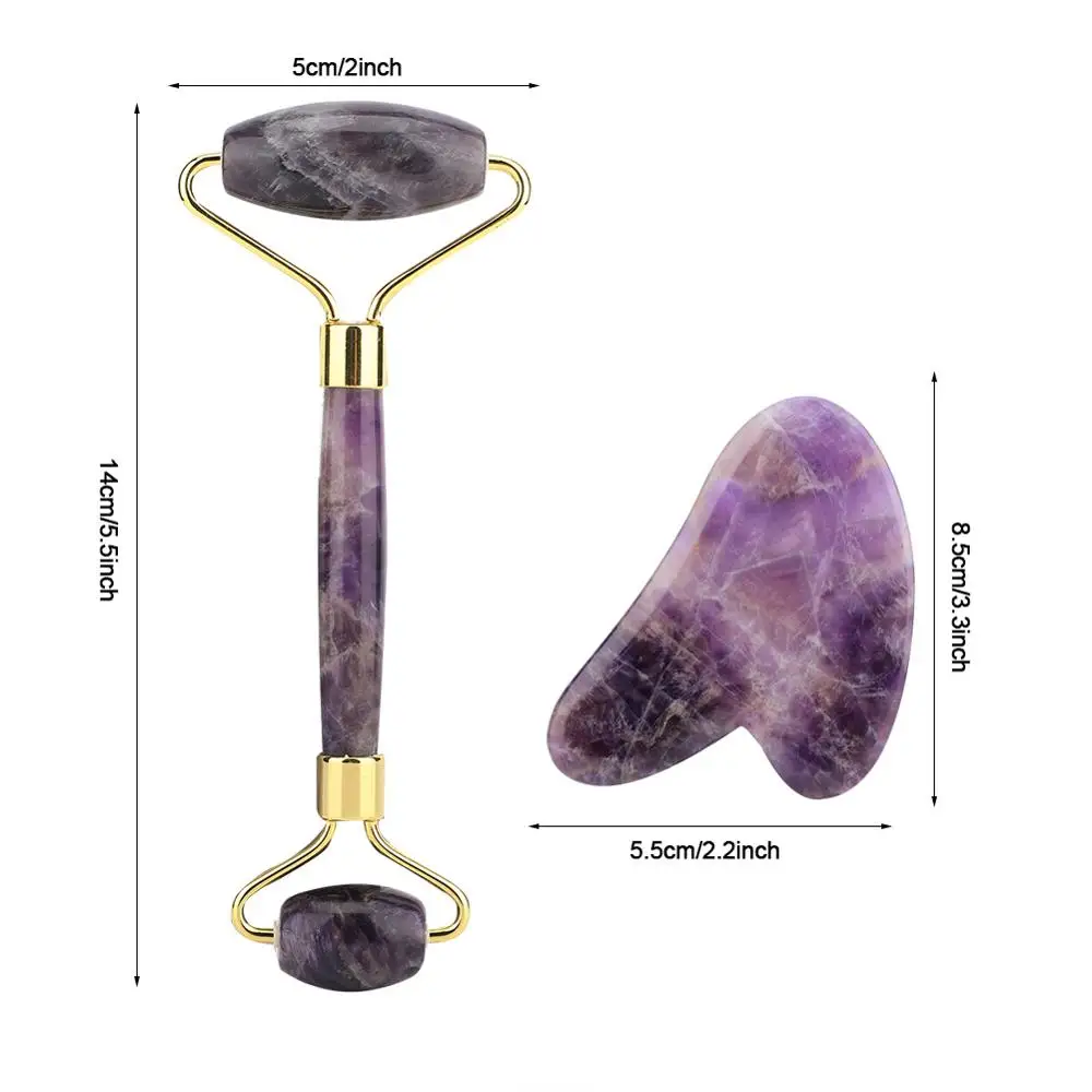 

Natural Amethyst Double Head Jade Stone Roller & Guasha Scrapping Plate Face Massage Tool Kit Anti Wrinkle Slimming Face Lifting
