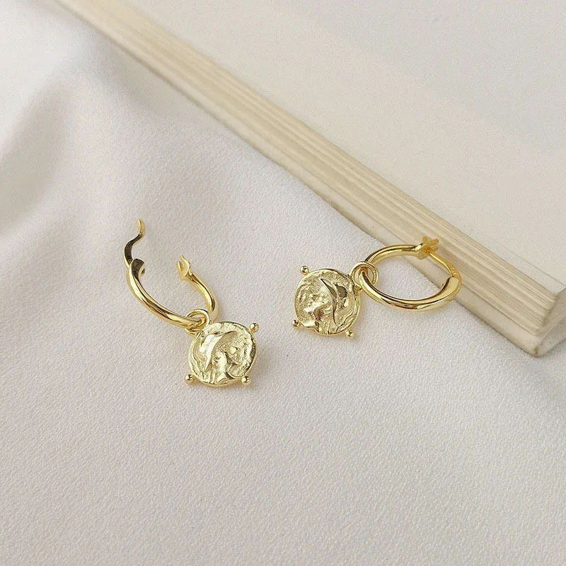 Золотые тисненые монеты винтажные большие серьги круги 925 бриллианты для женщин