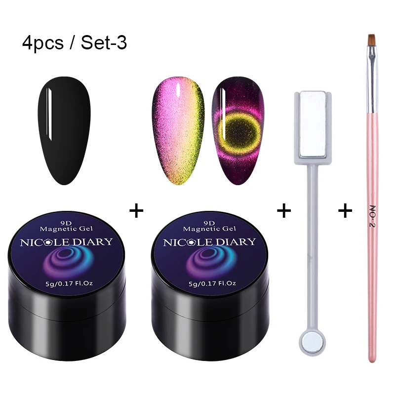 4pcs-Set-3 NICOLE DIARY 9D кошачий глаз УФ-гель замачиваемый Гель-лак для нейл-арта Магнитный лазер Сияющий лак для ногтей 5 мл Полупостоянный Гель-лак - Цвет: 4pcs-Set-3
