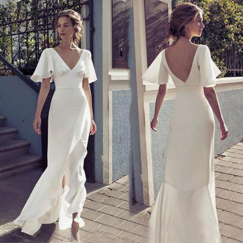 

V Neck Sheath Wedding Dresses Front Split Backless Long Bridal Gowns White Summer Dress 2021 Floor Length Wedding Gown Vestidos