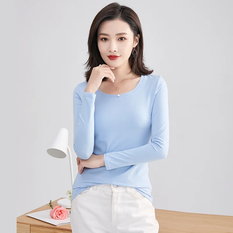 

2021 new fashion T-shirt ladies round neck long sleeve cotton