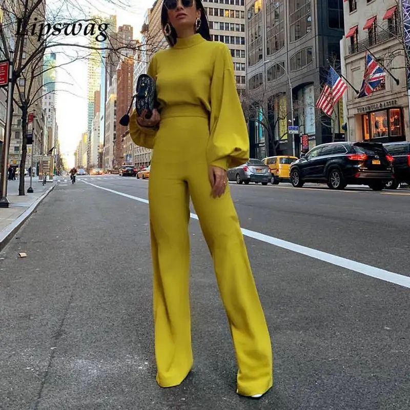 

Fashion Women Turtleneck Jumpsuit Sexy Hollow Backless Wide Leg Party Romper Elegant Office Lady Lantern Sleeve Overall Playsuit