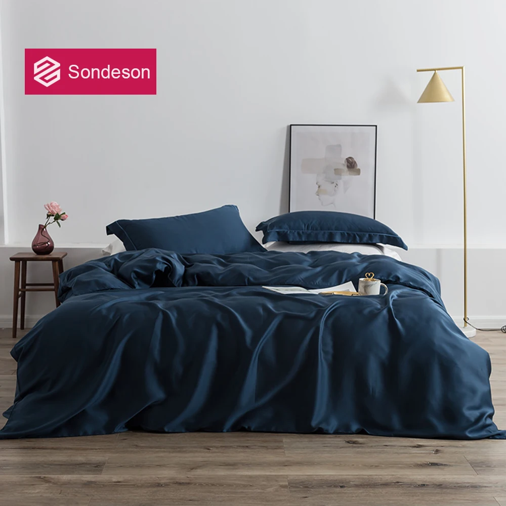 Conjunto de Cama Fronha para Dormir Sondeson Luxo Seda Azul Escuro Pele Saudável Rainha Rei Capa Edredão Conjunto Folha Plana 100%