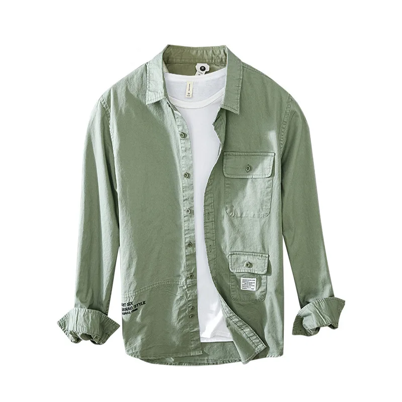 

Spring Fall Fashion Men Japan Style Long Sleeve Pocket Embroidery Vintage Cargo Shirt Casual Lapel Cotton Blouse Basic Tops Male