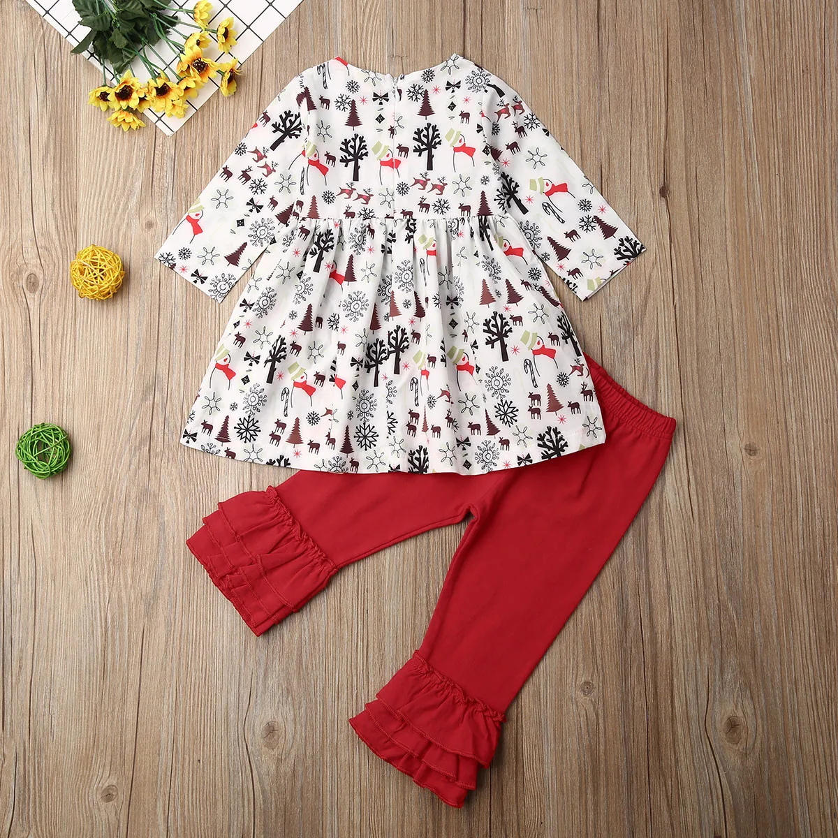 

1-5Y Autumn Baby Girl Clothes Sets Christmas Kids Girls Long Sleeve Printed Ruffle Tops T-shirt+Ruffles Long Pants Xmas Clothes