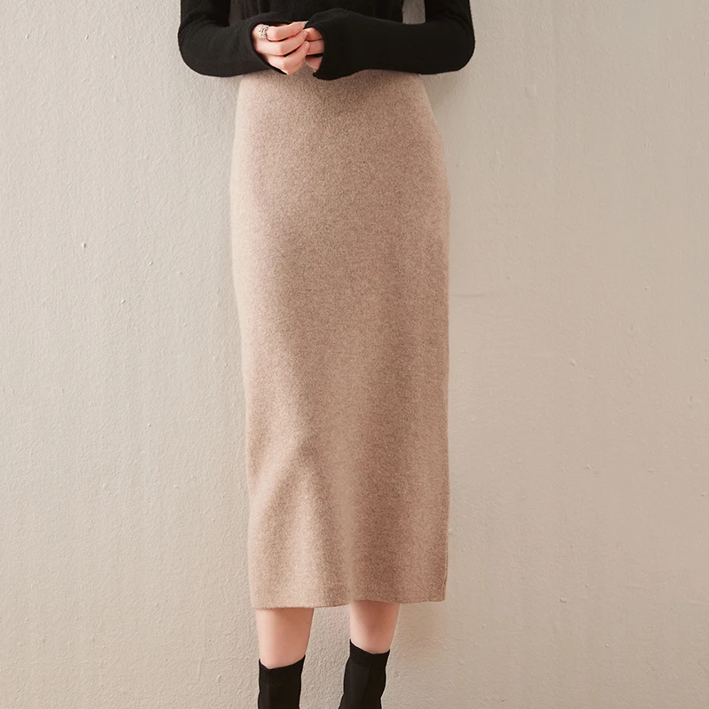 

Women Skirt 100% Pure Wool Knitted 2021 Spring New Fashion Elastic Waist Jumpers 6Colors Ladies Longer Skirts for Woman