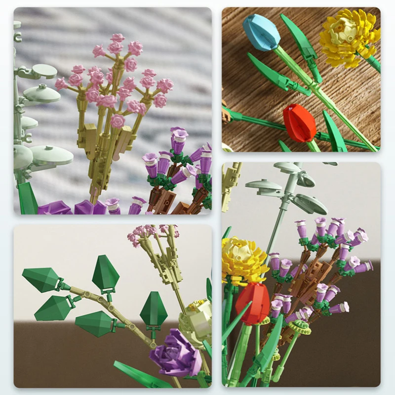 Идея букет цветов строительные блоки Moc романтическая роза фомантический цветок
