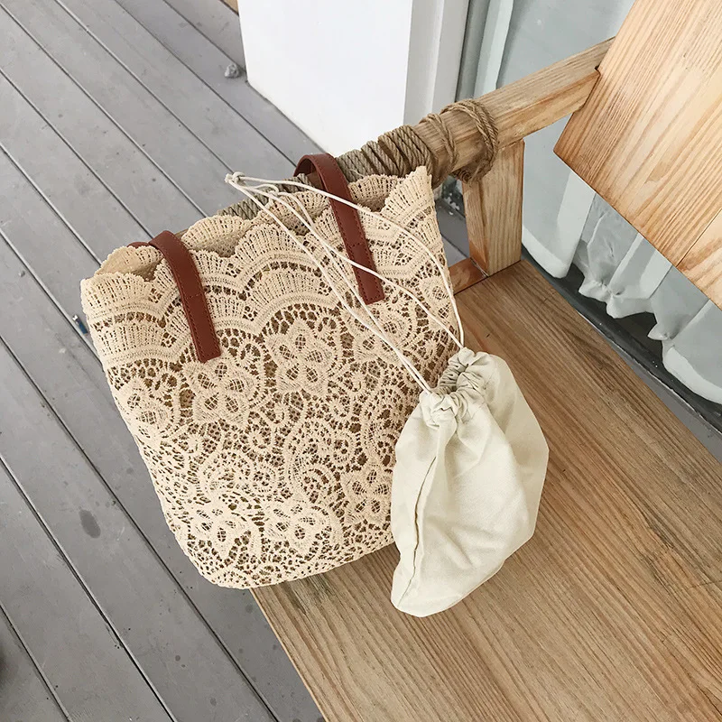 

Tamara 2020 Summer 2 Pcs/Sets Chic Girl Lace Shoulder Bag Women Handbag Female Tote Bags Big Capacity Foldable Travel Beach Bag