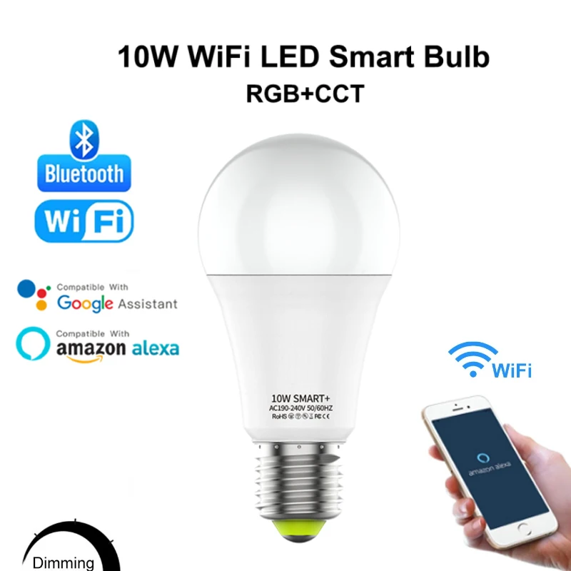 

Умная лампа E27 с Wi-Fi, LED светильник с функцией таймера, 10 Вт, работает с Alexa/Google Smart Home