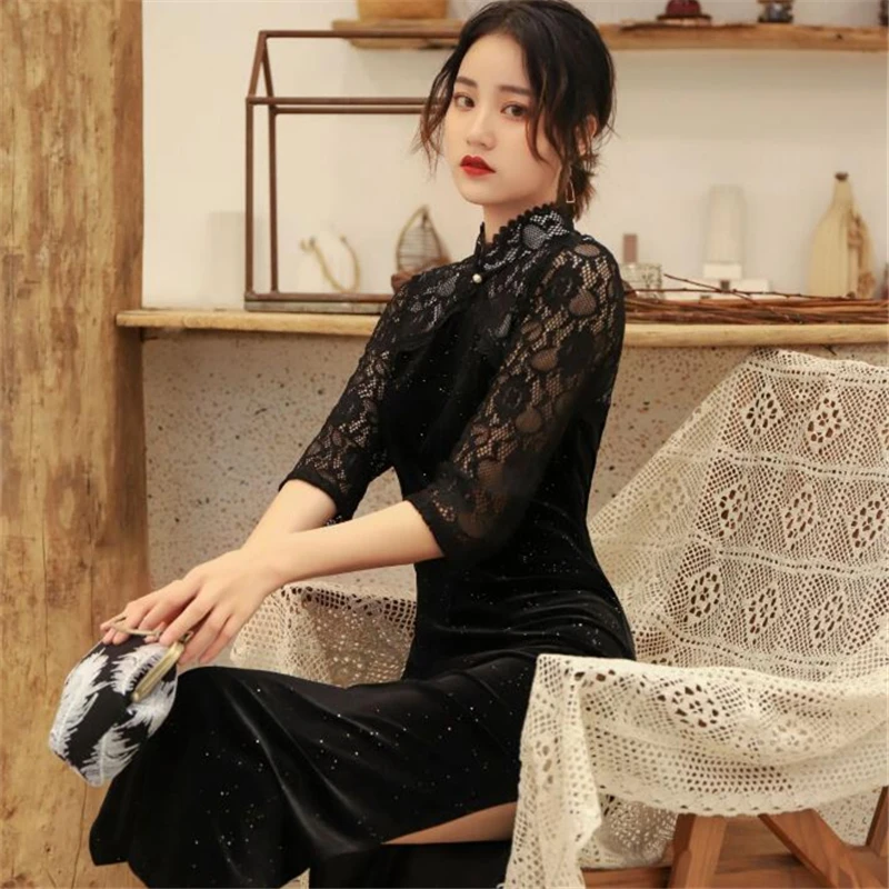 Женское кружевное платье в китайском стиле Элегантное Длинное Платье-Ципао