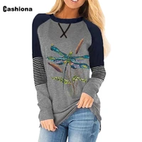 cashiona women casual patchwork t shirt dragonfly print round neck loose womens top 2021 spring tees shirt femme jersey mujer