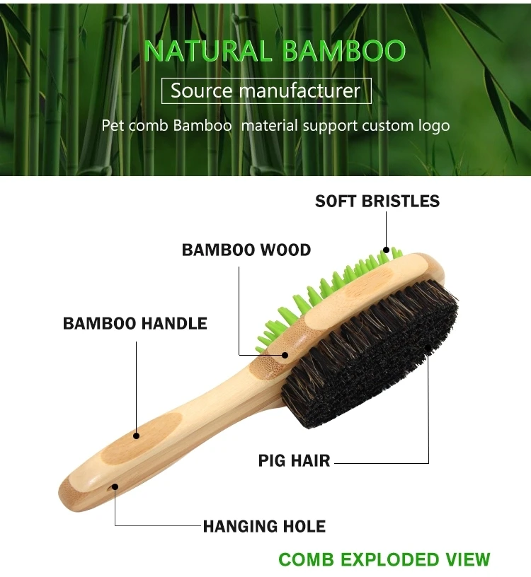 

Bristles Bamboo Wood Handle Double Sided Pet Cat Dog Grooming Massage Cleaning Hair Brush With Hanging Hole