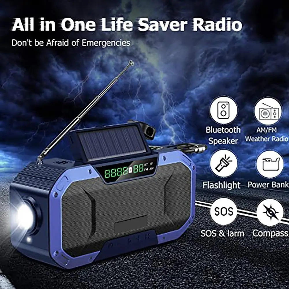 5000mah emergency hand cranked radio with led display sos alarm mobile phone charger am fm waterproof weather solar radio hot free global shipping