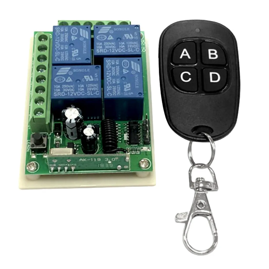 

4 CH Wireless RF Remote Control Switch, 433mhz Transmitter with Receiver for Lamp, Smart Switches,(A/B/C/D Button), DC 12v