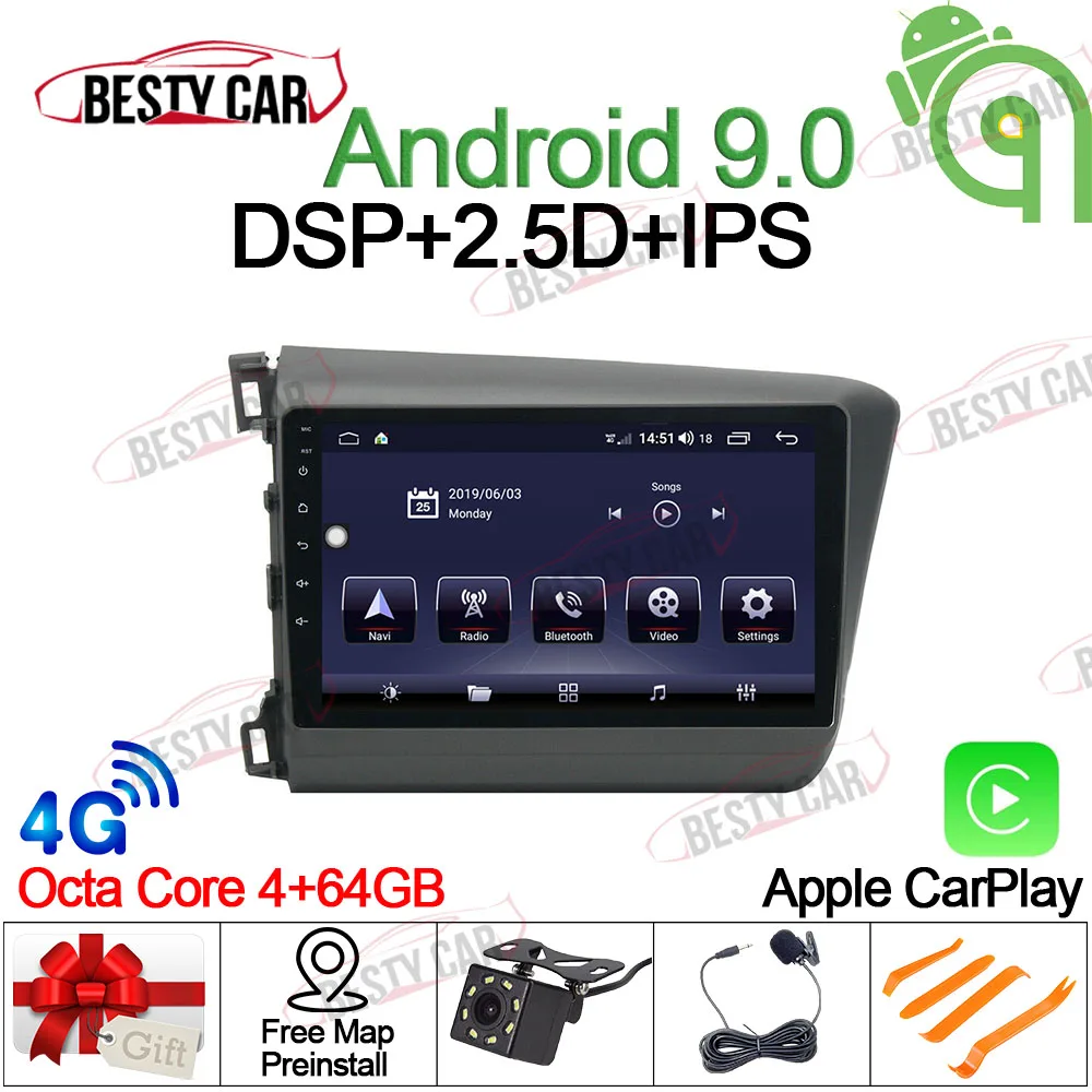 9 &quotAndroid 0 Восьмиядерный автомобильный Радио gps навигация для Honda Civic 2012-2014