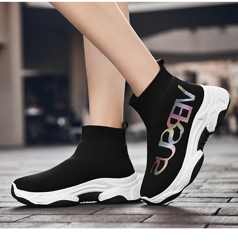 NIKEZI/женские зимние теплые ботинки с Плюшевым Мехом; высокие носки без шнуровки; прогулочные вязаные кроссовки на высокой танкетке; кроссовки в сеточку для спортзала