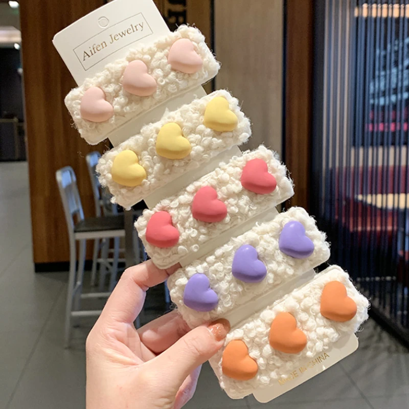 Lovely Hairpin Korea Plush Wool Sweet Cute Girls Hair Clip Grip Headdress Lamb Hair Love-shape Barrettes ladies Hair Accessories