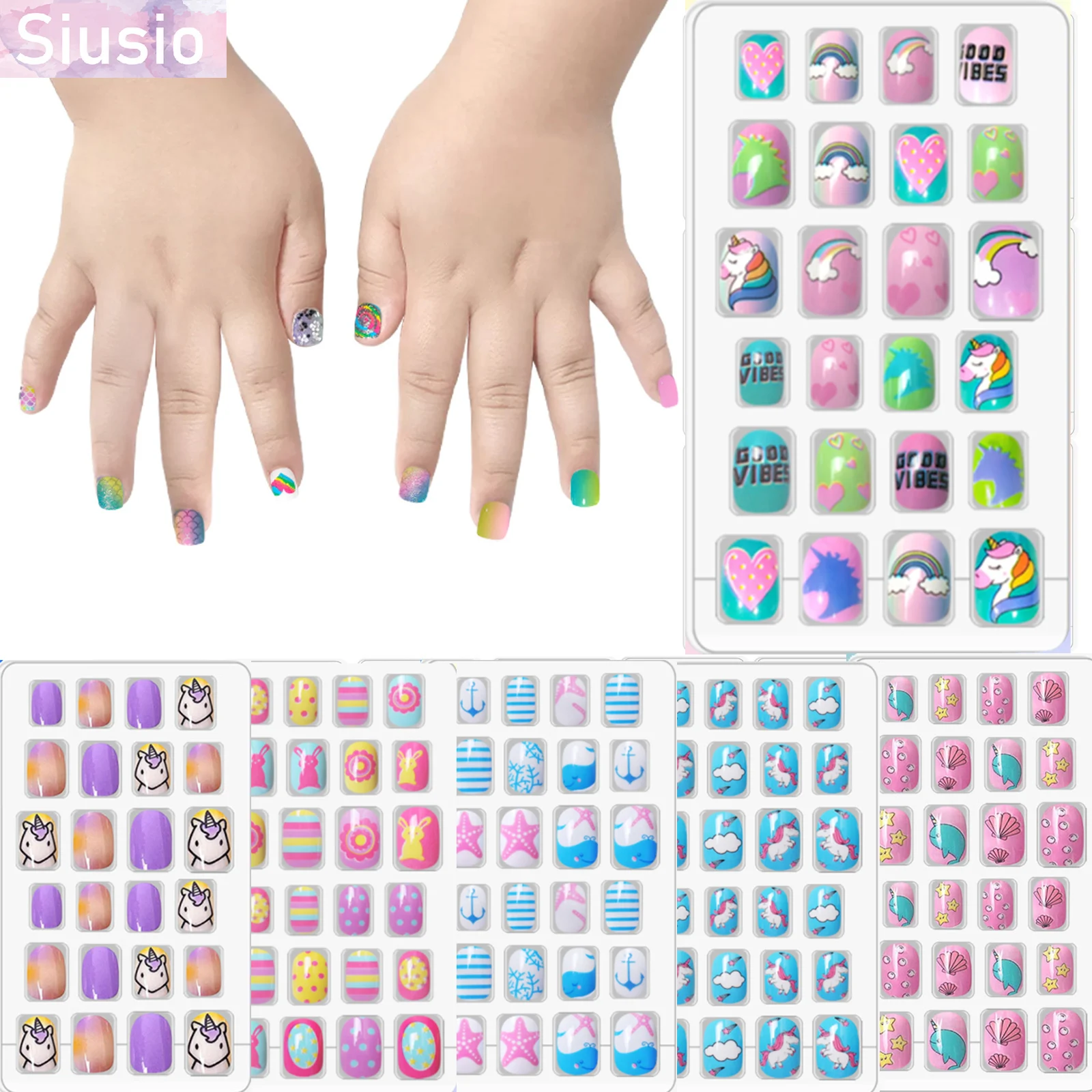 

24Pcs Children Fake Nail Unicorn Candy Color Rainbow petal Design Blue Cloud Star Short Artificial Full Cover Child Nail Art Kid
