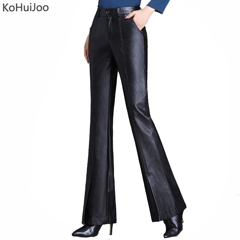 Black Faux Leather Pants Women Autumn Winter High Waist Slim Office Ladies Formal Flare Pu Trousers Slit Work Big Size 4XL | Женская