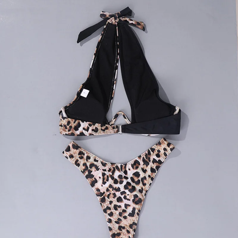 

Rivertrip Push Up Bikinis Halter Women's Swimsuits Leopard Swimwear Patchwork Biquini High Cut Bathing Suits Bandage Beachwear