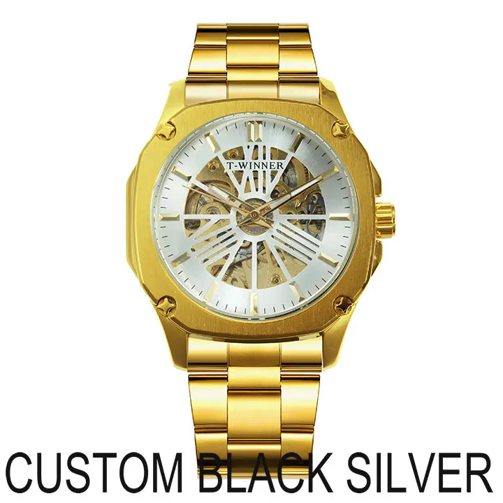 CUSTOM BLACK SILVER WINNER официальный розовое золото автоматические механические мужские часы лучший бренд класса люкс Скелет квадратный циферблат Винтаж Бизнес наручные часы - Цвет: CUSTOM BLACK SILVER