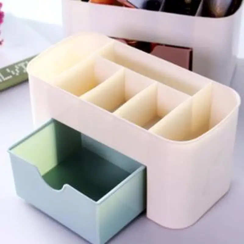 Plastic Makeup Organizer Make Up Brush Storage box with Drawer Cotton Swabs Stick case escritori Pink Blue Green | Дом и сад