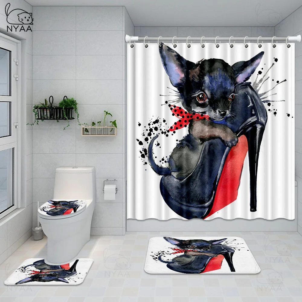 Miglior Simpatici Cani Modello Stampato Tenda Da Doccia Impermeabile Piedistallo Tappeto Coperchio Coperchio Tappetino Da Bagno Set Bulldog Francese Tenda Da Bagno