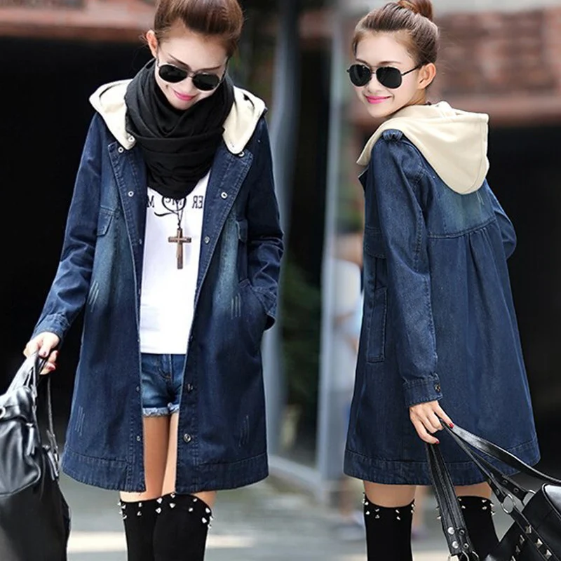 Женский джинсовый кардиган с капюшоном Свободный Длинный Кардиган большого