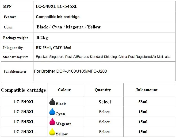 Совместимый LC 549/LC 545 чернильный картридж XL для Brother костюм для DCP-J100 J105 и MFC-J200 принтера