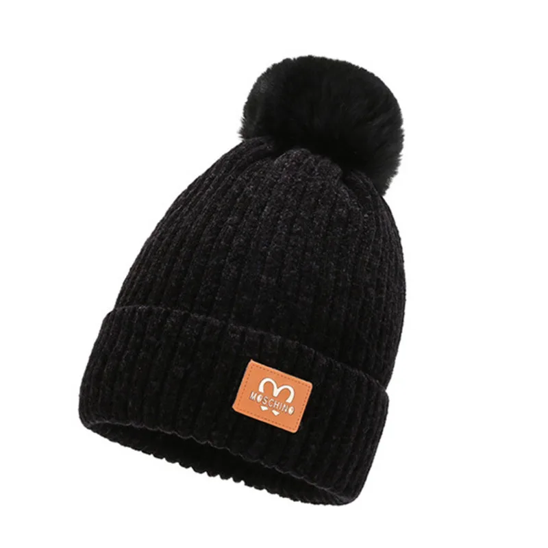 

Winter Warm Fuzzy Fur Pompom Fleece Lined Skull Cap Cuff Knitted Hats Windproof And Cold Proof Plush Knit Beanies