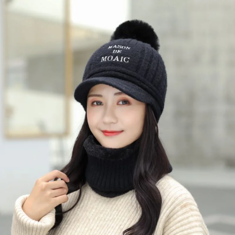 Женская вязаная шапка шарф маска комплект мягкая теплая флисовая зимняя Лыжная с