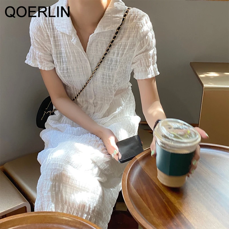 

Женское плиссированное платье QOERLIN, облегающее белое платье средней длины с отворотом, с коротким рукавом, прямого синего цвета