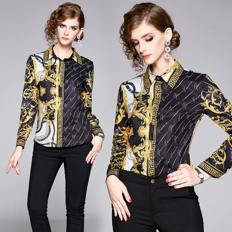 

new women's fashion in Europe and America printed lapel shirt long sleeve shirt, cultivate one's morality person